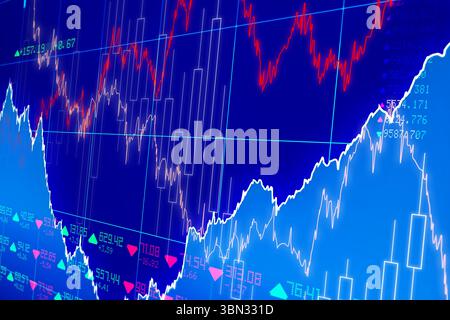 Flat design chart showing line and candlestick overlays with grid, numbers, green-red triangles Stock Photo