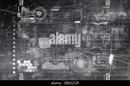 Flat design is showing HUD interface with gauges, bar chart, waveform overlaying dark backdrop Stock Photo
