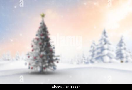 Flat design fir tree is standing in snowy clearing featuring red baubles and glowing gold star Stock Photo