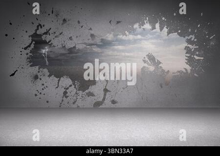 Splash on wall revealing desert landscape Stock Photo