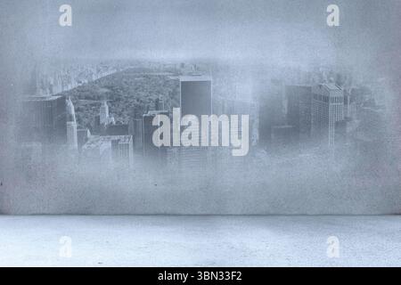 Textured grey concrete wall is being shown in flat design interior, featuring misty city skyline Stock Photo