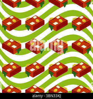 Seamless Suitcase Travel Pattern. Seamless pattern with cartoon suitcases decorated with travel stickers on green striped background. Flat hand-drawn Stock Vector