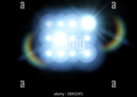 Grid of LED lights is shining against black background with lens flare rings, vector art Stock Photo