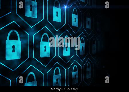 Glowing blue padlock icon grid is floating in flat design on dark smoky background, lens flare Stock Photo