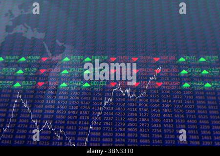 Flat design financial dashboard is showing numbers grid with arrows, line chart and map silhouette Stock Photo