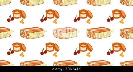 Seamless Blanket Candle Pattern. Seamless pattern with cozy blankets, candles, cherries and leaves in flat cartoon style. Warm autumn design on white Stock Vector