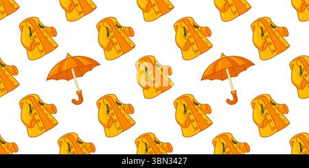 Seamless Raincoat Umbrella Pattern. Seamless pattern with yellow raincoats and orange umbrellas in flat cartoon style. Bright autumn design on white b Stock Vector