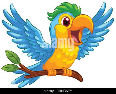 Bright vector illustration of a cheerful macaw with vibrant colors and playful expression, perched on a branch Stock Vector