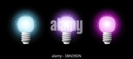 Glowing light bulbs radiate bright, colorful auras against a deep black background. Ideas, innovation, and boundless creativity. Stock Vector