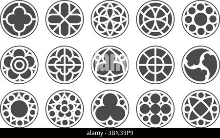 Gothic circle rose window with medieval ornament. Silhouettes of cathedral rosettes. Christian architecture elements with stained glass on white Stock Vector
