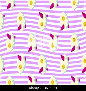 Seamless Surfboard Summer Pattern. Seamless pattern with surfboards on wavy striped background in flat cartoon style. Fun summer beach design in light Stock Vector