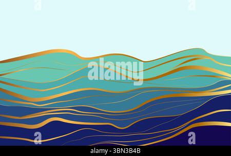 Mountain Abstract With Wavy Style and Golden Line Art Background Stock Vector