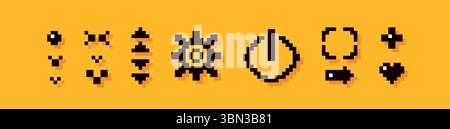 Simple pixel art dark elements. Target icon, stop, arrow, plus, heart, play, and some tiny elements. Stock Vector