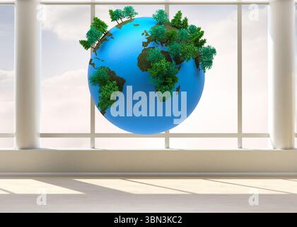 Floating 3D blue globe with green tree clusters is hovering in grid-window room with wood floor Stock Photo