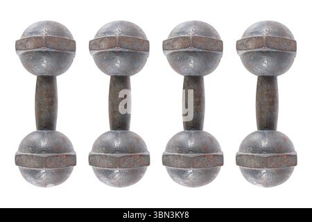 it is four weight lifting dumbbells isolated on white. Stock Photo