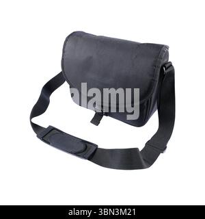it is one black camera bag isolated on white. Stock Photo