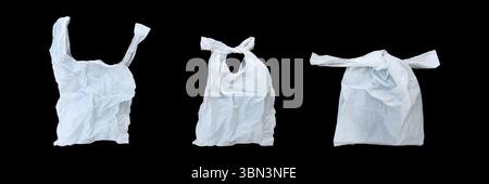 it is open,tie and close white plastic bag isolated on black. Stock Photo