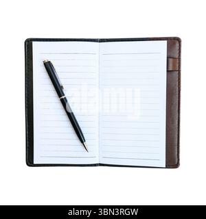 it is black business pen on notebook with leather case isolated on white. Stock Photo