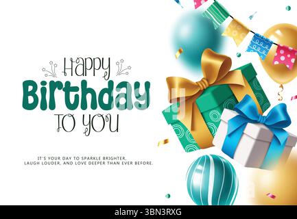 Colorful Birthday Celebration Clipart with Balloons, Gifts, Ribbons, and Festive Greeting Text Stock Vector