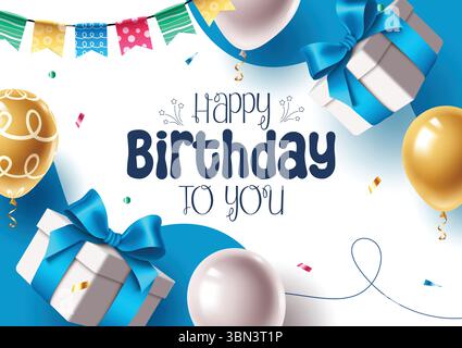 Cheerful Birthday Clipart with Floating Balloons, Blue Ribbon Gifts, and Festive Banner Flags Stock Vector