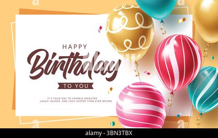 Happy Birthday Greeting Card with Colorful Patterned Balloons and Confetti Vector Celebration Design. Stock Vector