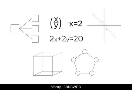 Educational math equations and geometric shapes 2D line objects set Stock Vector
