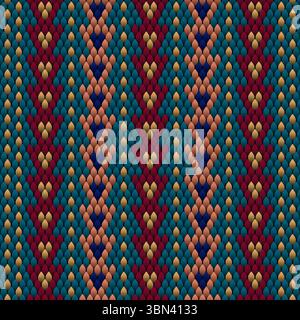 This seamless vector pattern showcases a vibrant tribal design with interlocking scales in bold colors—teal, maroon, mustard yellow, peach, and navy b Stock Vector