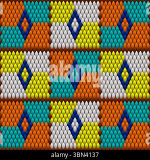 This seamless vector pattern features a vibrant tribal mosaic with interlocking scales in teal, orange, yellow, white, and navy blue. The geometric Stock Vector