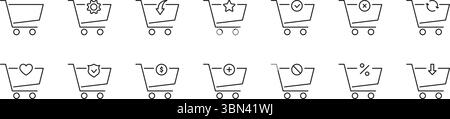 Shopping Cart Icon Set. E-Commerce, Online Shopping, And Retail Symbol Collection. Includes Settings, Discounts, Favorites. Editable Stroke. Isolated Stock Vector