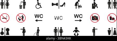Restroom And Facility Sign Solid Icon Set. Public Amenities, Accessibility and Prohibition Symbols Collection. Includes No Smoking, No Photography and Stock Vector