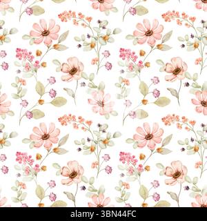 watercolor floral pattern with soft pink flowers and berries Stock Photo