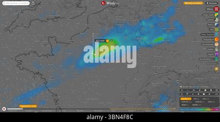 Weather map of rain and clouds at the time of the opening ceremony, Paris 2024 Olympic Games. Stock Photo