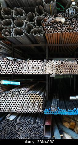 Storage steel metal with structural material on shelves in building ...