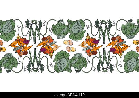 Botanical decorative different vegetables horizontal seamless pattern border isolated on white background. Hand drawn colorful veggies plants with Roo Stock Vector