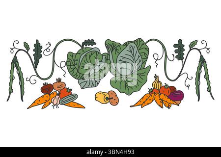 Botanical decorative different vegetables horizontal border pattern isolated on white background. Hand drawn colorful veggies plants with Roots Stems Stock Vector