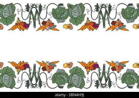 Botanical decorative different vegetables horizontal seamless pattern border isolated on white background. Hand drawn colorful veggies plants with Roo Stock Vector