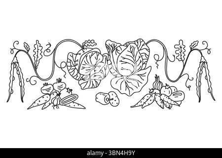 Line art botanical decorative different vegetables horizontal border pattern isolated on white background. Hand drawn outline veggies plants with Root Stock Vector