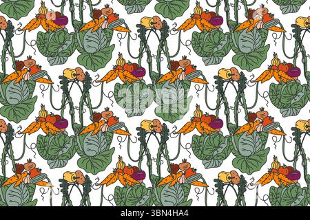 Botanical colorful decorative vegetables seamless pattern vector illustration. Repeating different veggies plants with Roots Stems Leaves in white bac Stock Vector