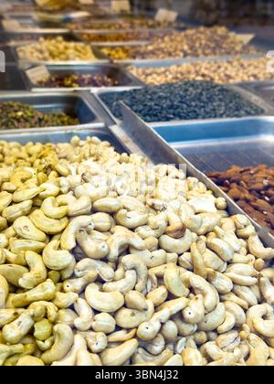 Sale of various products. Close-up of cashew nuts. Stock Photo