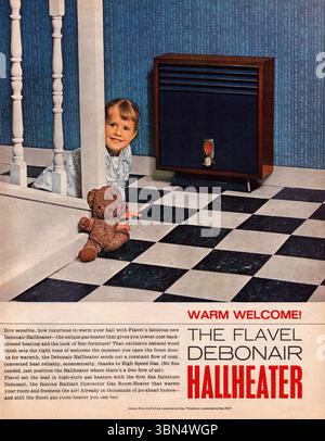 Flavel Debonair Hallheater vintage advertisement, a girl with a teddy bear sitting on the tiled floor, vintage gas heater Stock Photo