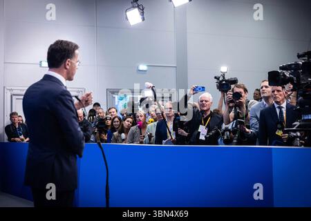 THE HAGUE, THE NETHERLANDS - 25 June 2025 - NATO Secretary General Mark Rutte speaking at the start of the 2025 Hague NATO Summit held in The Hague, T Stock Photo