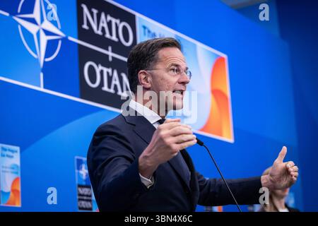 THE HAGUE, THE NETHERLANDS - 25 June 2025 - NATO Secretary General Mark Rutte speaking at the start of the 2025 Hague NATO Summit held in The Hague, T Stock Photo