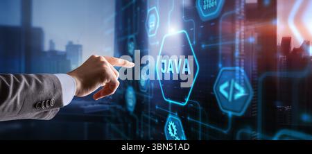 Businessman clicks Java programming language application concept on virtual screen. Stock Photo