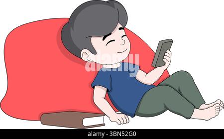 Vector cartoon of a relaxed boy sitting on a bean bag, smiling while using a smartphone with a book left beside him Stock Vector