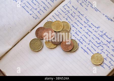 Euro coins rest on an open antique notebook with handwritten script, suggesting financial planning, journaling, or old savings Stock Photo