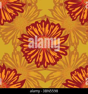 Aster flower seamless pattern on Amber haze background. Abstract artistic, bloom, botanical, graphic, floral, naïve, spring, stylized floral hand draw Stock Vector