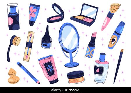 Set of cosmetic and makeup icon. Vector visage or face professional accessory for woman fashion. Beauty and facial skincare kit item. Lipstick and eyeliner, mascara, powder, mirror, bronzer, lipstick. Stock Vector