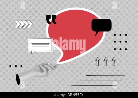 Collage of a woman hand showing speech bubbles on a gray background with arrows Stock Photo