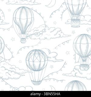 Seamless vector Pattern with hand drawn aerostats and clouds in linear style. Outline drawing of background with hot air Balloons for nursery wallpaper or childish textile design. Etched illustration. Stock Vector