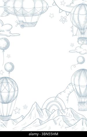 Vertical vector frame with airships, mountains, garlands, and clouds in engraved style. Linear drawing with hot air balloons for nursery cards or posters. Art for baby shower greetings and invitations Stock Vector
